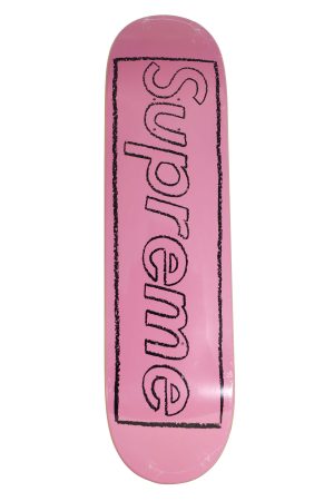 KAWS x Supreme Chalk Logo Skateboard Deck Pink - artistskateboard.com