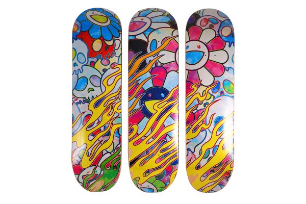 Takashi Murakami Flaming Skull Rainbow Skateboard Deck Set - artistskateboard.com